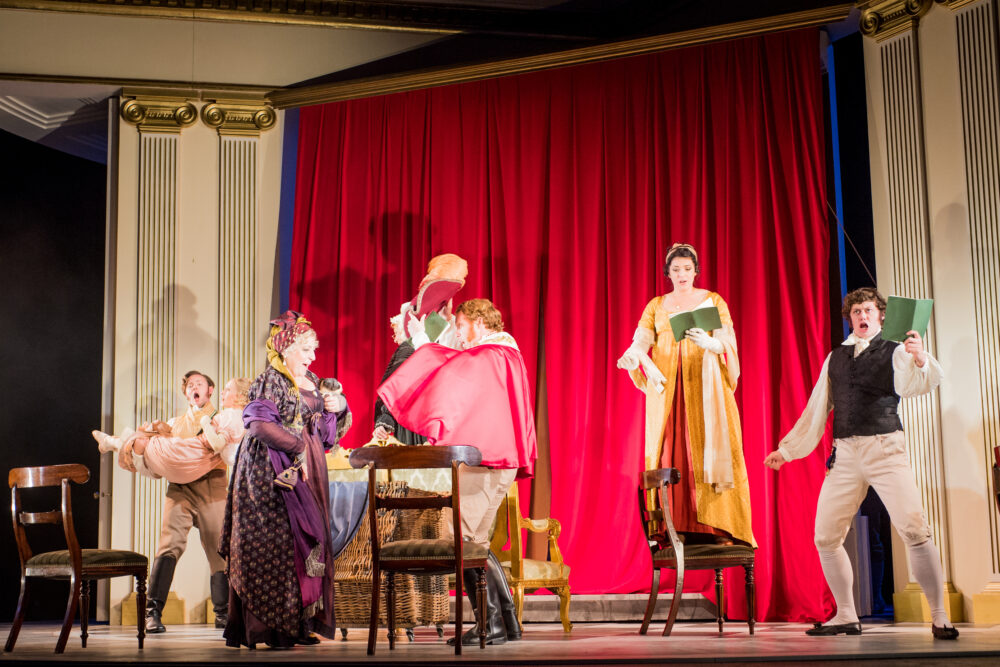 Nick Pritchard - Henry Crawford | Emily Vine - Maria Bertram | Sarah Pring - Lady Bertram | Oliver Johnston - Mr Rushworth | Shelley Jackson -  Mary Crawford | Henry Neill - Edmund Bertram | Photo © Robert Workman}